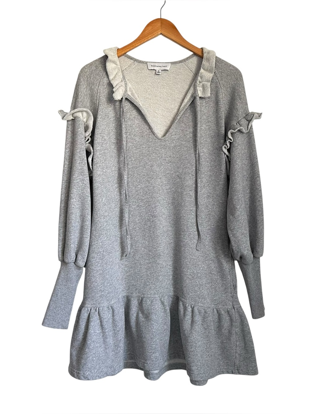 Something Navy Womens Ruffled Long Sleeve Sweatshirt Dress Sz Small Gray